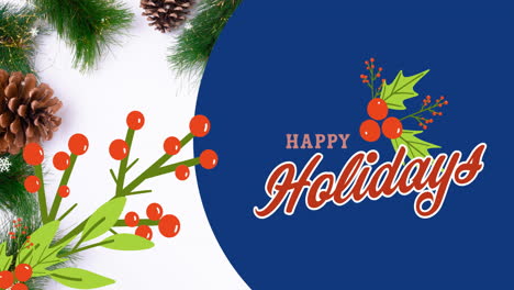 animation of happy holidays text at christmas over fir tree