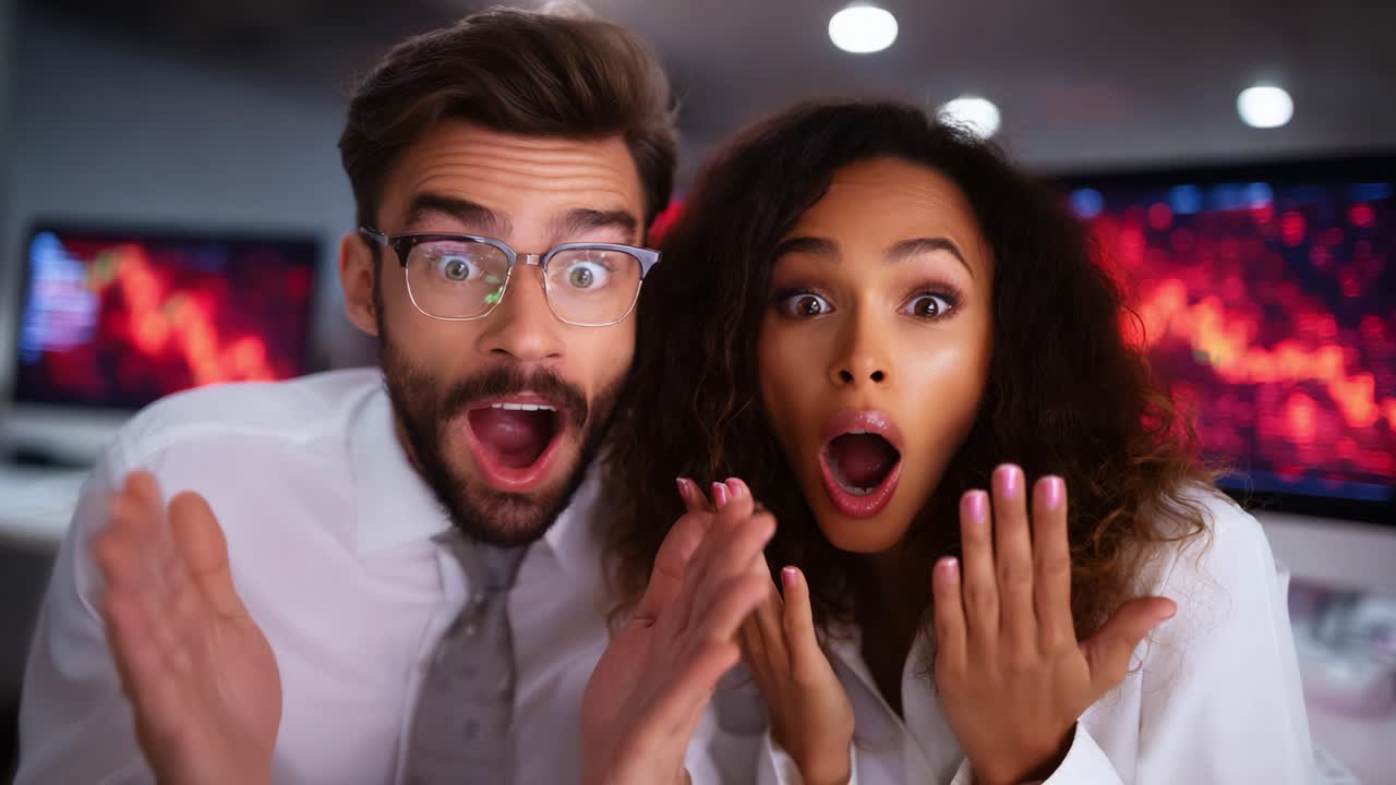 Excited Office Colleagues Celebrate a Big Win with Surprise Expressions. Their Reactions Say it All, Capturing a Moment of Joy and Accomplishment in the Workplace Environment