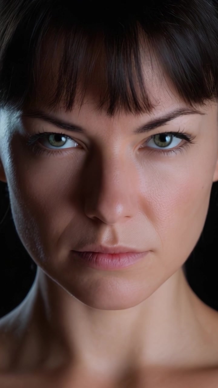 Primi piani di una donna determinata con sorprendenti occhi verdi su uno sfondo scuro, che catturano intensità ed emozione in due diverse inquadrature.