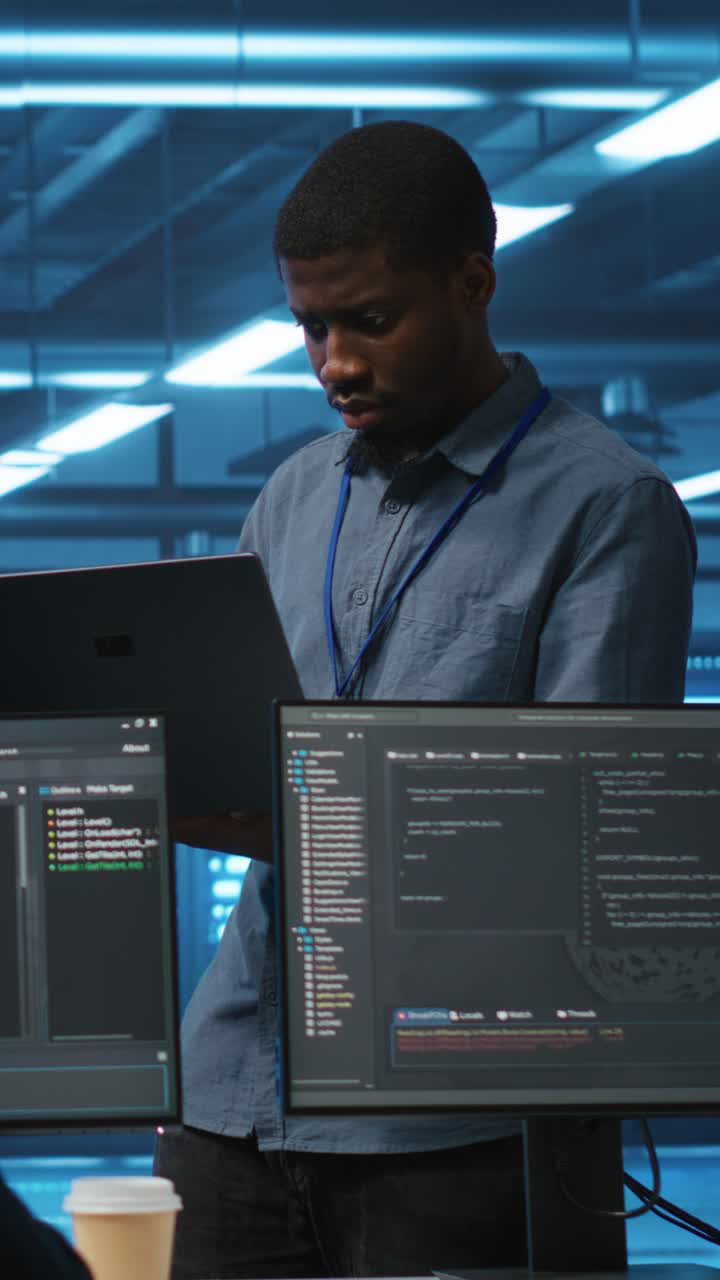 African American Programmer Working on Laptop in Data Center