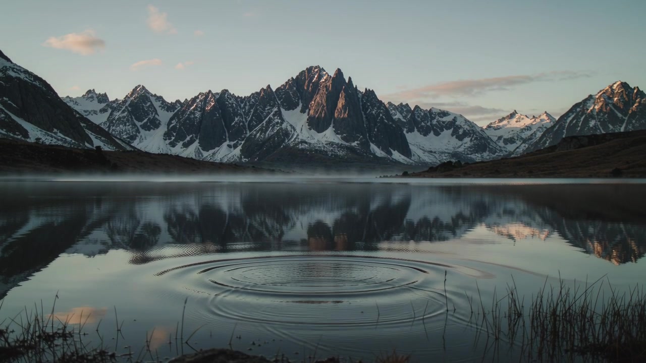 Spreading ripples from splash distorting snowy peaks reflection on calm lake, with mist reeds