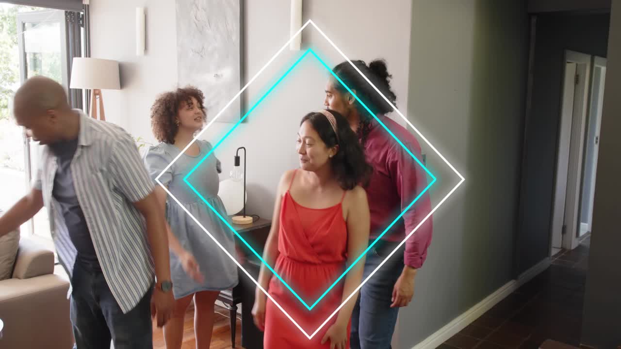 Four adults entering and inspecting room for real estate, teal diamond overlay appearing over group