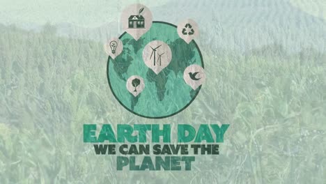 Animation-of-earth-day-text-with-globe-and-environmental-icons-over-crops-in-field