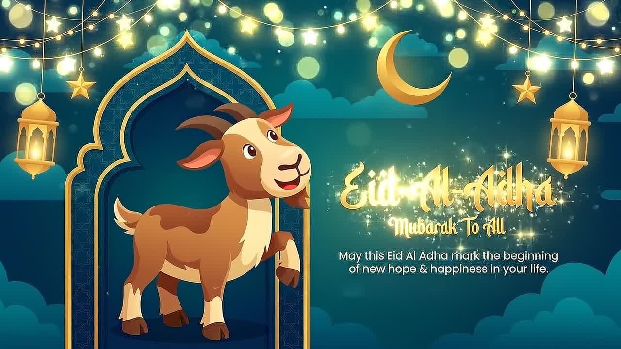Animazione banner di auguri per Eid al-Adha con capra sorridente, luna crescente e ornamenti luminosi di lanterne islamiche.