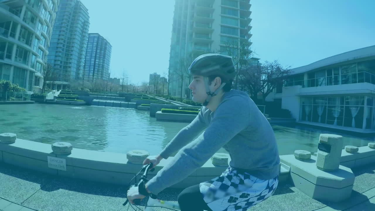 수학 방정식과 도시에서 다리를 가로질러 자전거 타는 사람에 대한 다이어그램