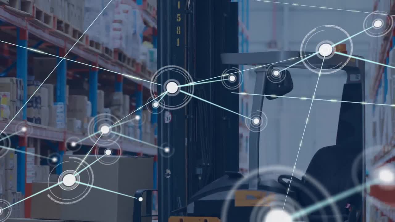 animación de la red de conexiones con iconos sobre el almacén