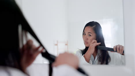 Woman,-mirror-and-hair-iron-for-beauty