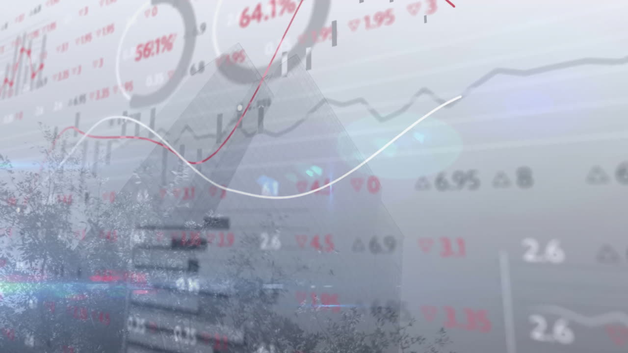 Red white trend lines rising above gray candlestick bars over forest background, in flat design