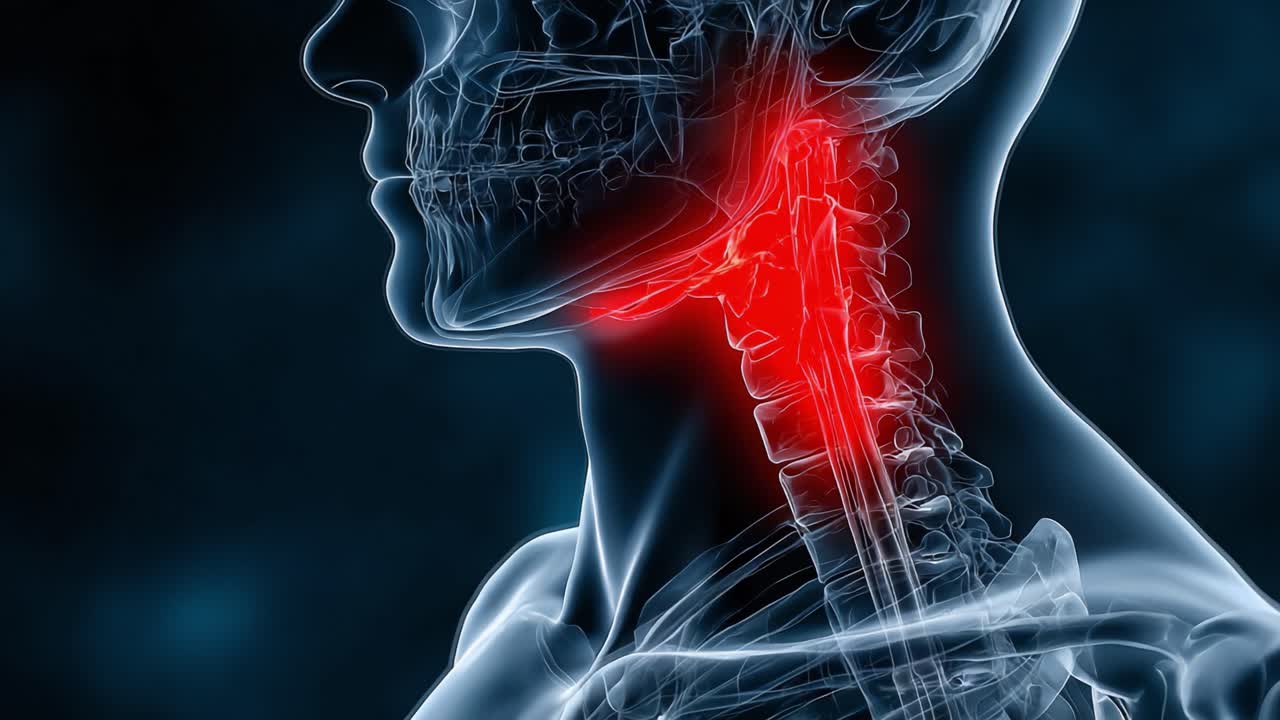 Visualizzazione anatomica dettagliata della struttura del collo umano che evidenzia le vertebre cervicali e i tessuti circostanti in forma semi-trasparente.