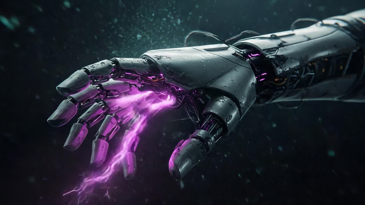 Futuristic Robotic Hand Generating Electric Energy with Visible Sparks, Showcasing Advanced Technology and Mechanics in a Dark, Atmospheric Environment