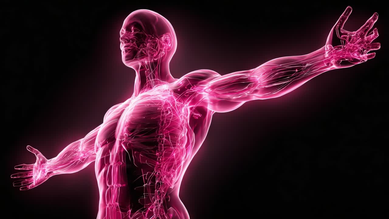 Anatomía Humana Iluminada: Una Cautivadora Exploración de la Intrincada Red de Vasos y Músculos Resaltados con una Vibrante Luz Rosa