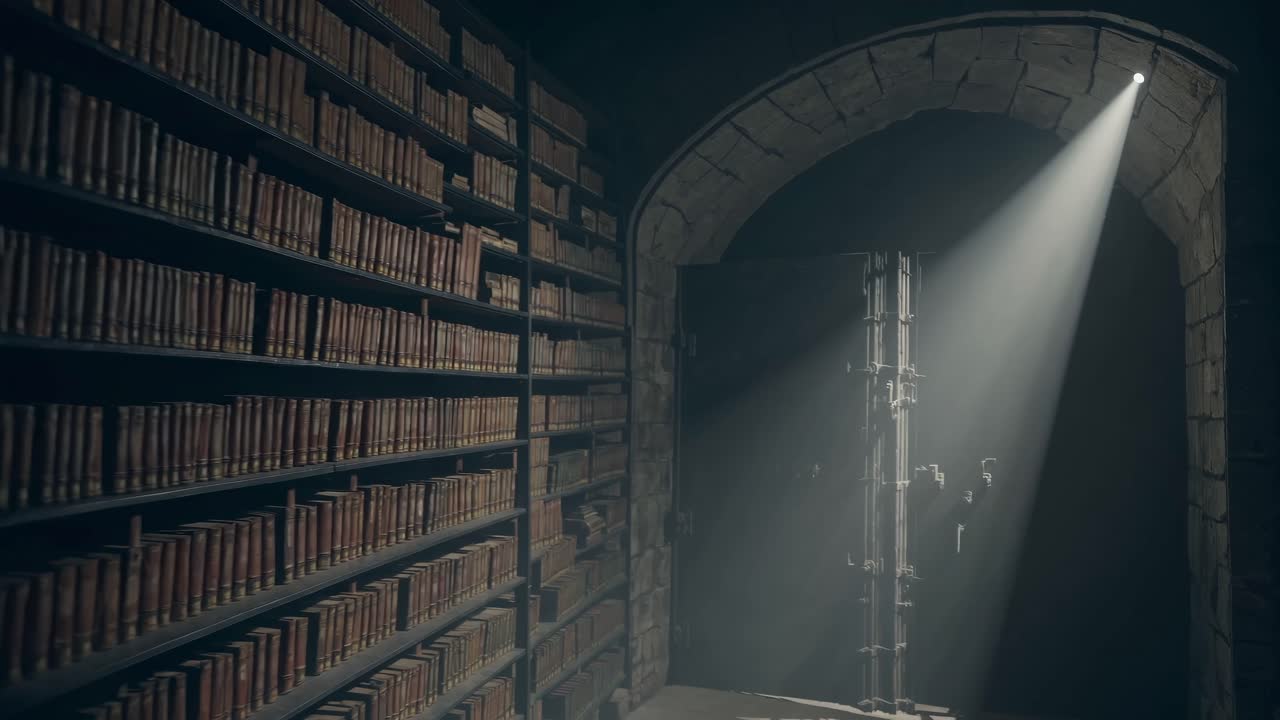 Moody video scene of an ancient library with dim lighting
