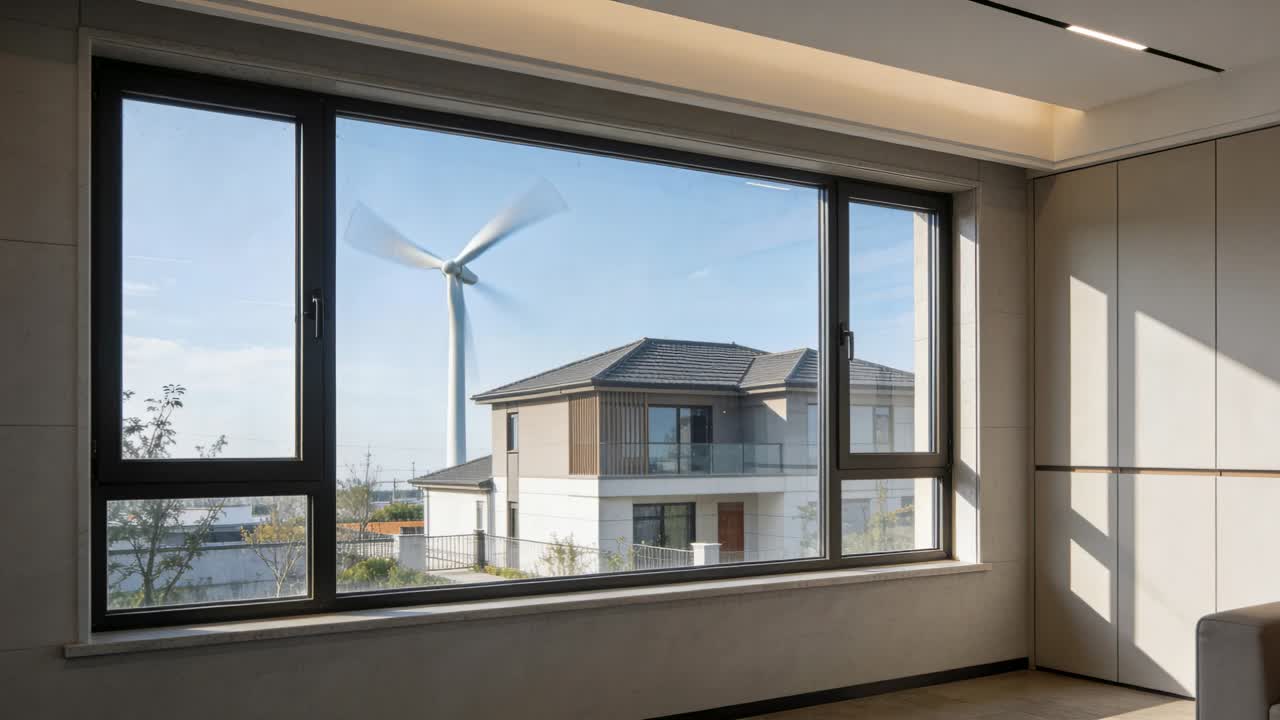 Showing large window framing wind turbine blades rotating from breeze outside, at home