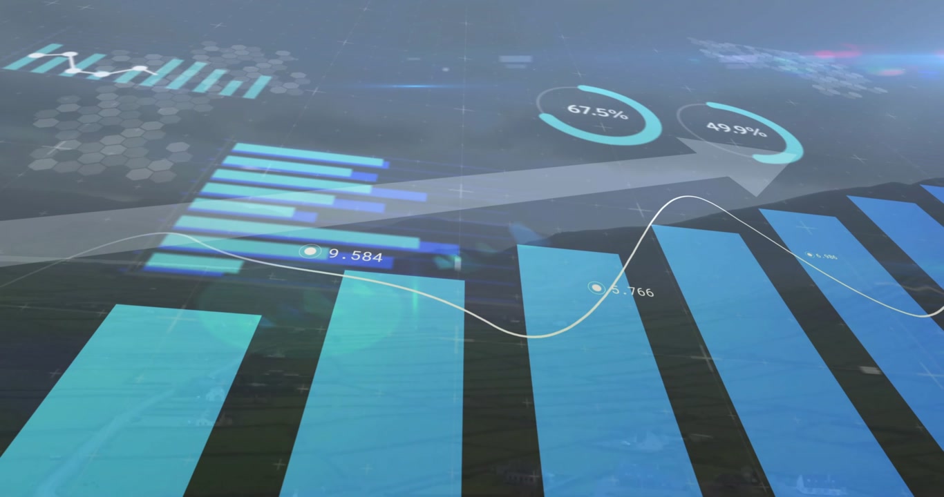 Displaying 3D data visualization in CGI studio, blue bars with white trend line, gray arrow