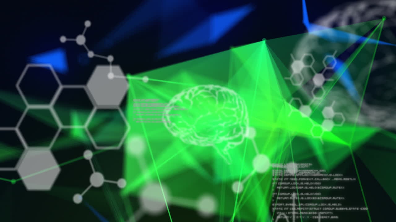 datos del cerebro humano y de la computadora con formas geométricas.