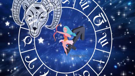 Animation-of-aries-star-sign-and-zodiac-wheel-spinning-over-stars-on-blue-background