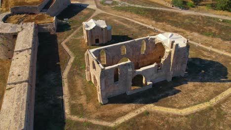 aerial of medieval abandoned ruin carmelite church in