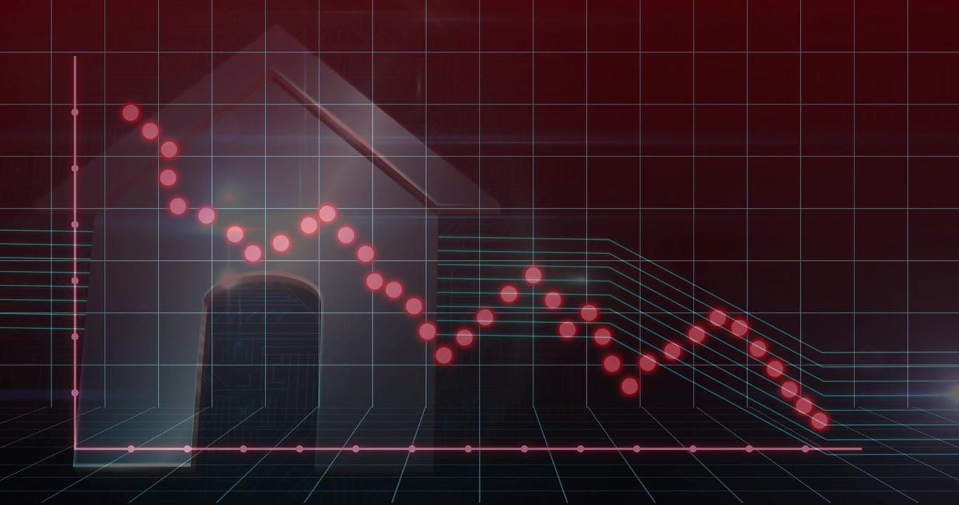 Initial pink point appearing on red grid, plotting zigzagging downward while house shape fading in