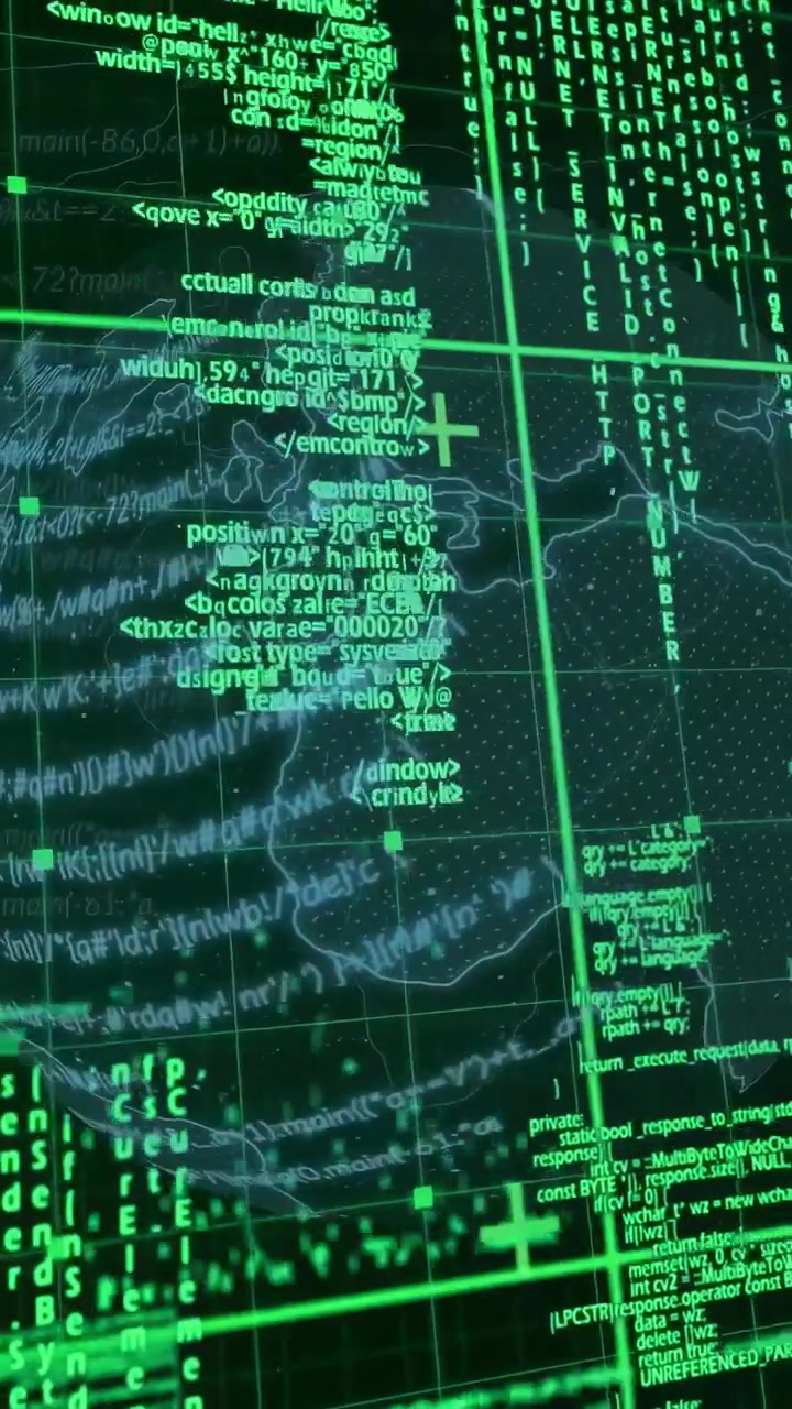 Vertical video: Cam panning across holo globe, grid and code shifting, crosshair nodes for control