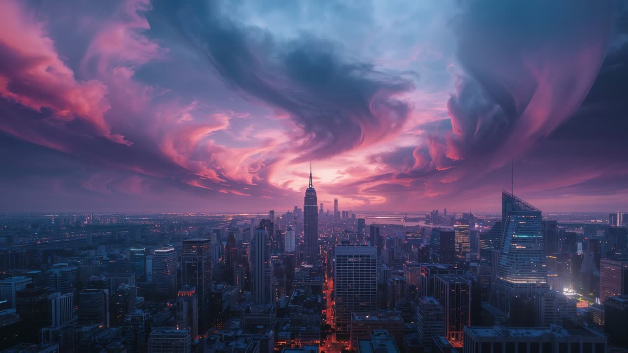 Twilight falling over Manhattan skyline spire-topped skyscraper glowing with vehicle lights