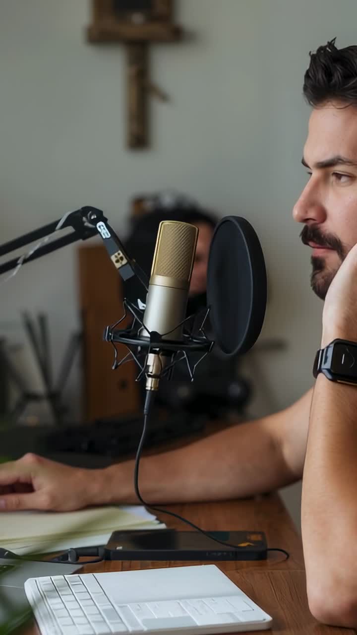 Vertical video: Alert causing man speaking into mic in home recording podcast, tank top, copy space