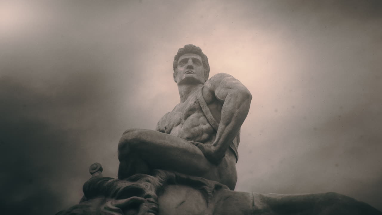 Epic, ancient stone statue on cloudy day and windy weather.