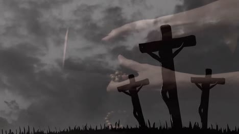 animación de mujer caucásica con biblia y rosario sobre cruces y nubes