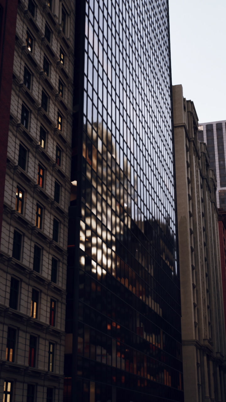 Sunset hues cast soft glow on mirrored building facade with grid windows