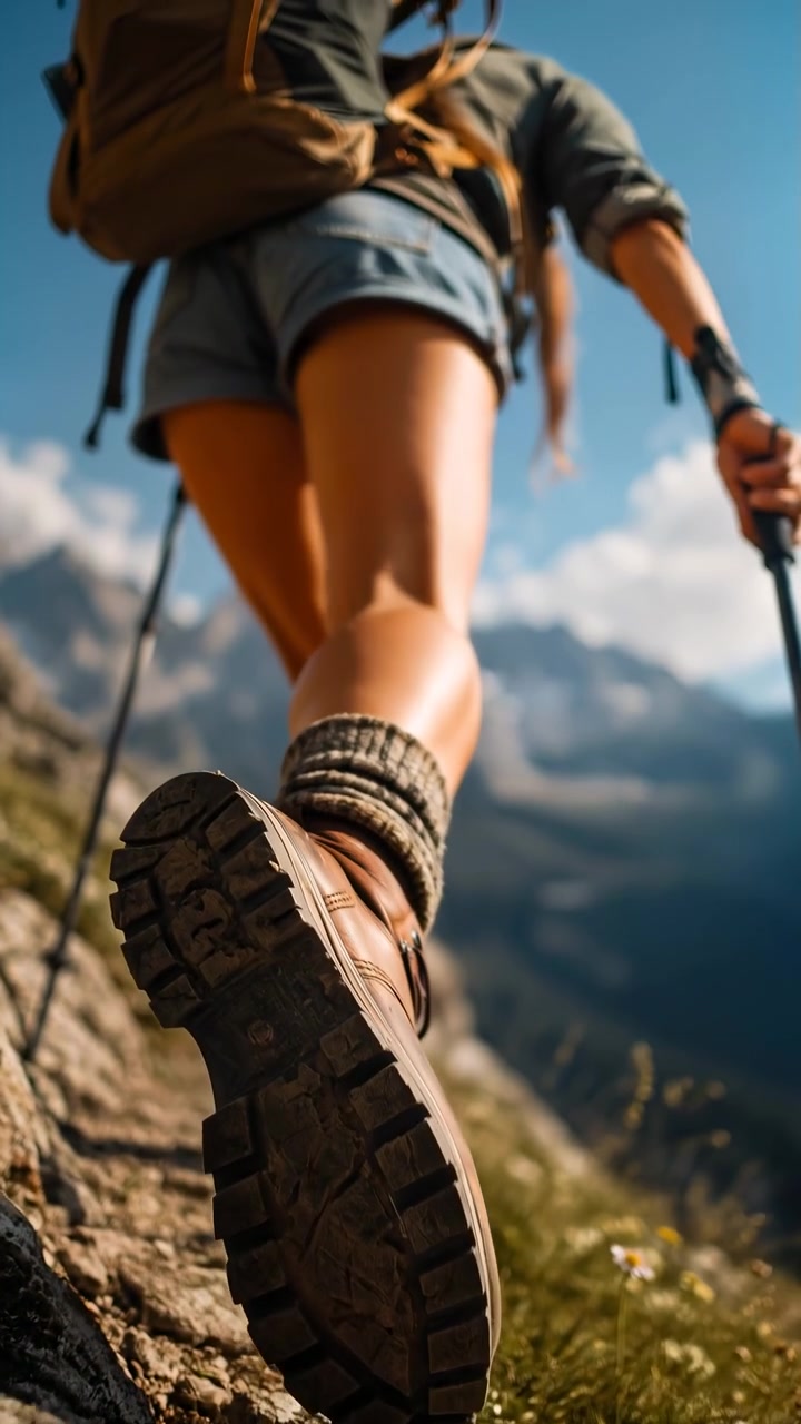 Escursionista donna sul sentiero, primo piano di scarpone e gamba in movimento, bastoncino da trekking appoggiato per l'equilibrio.