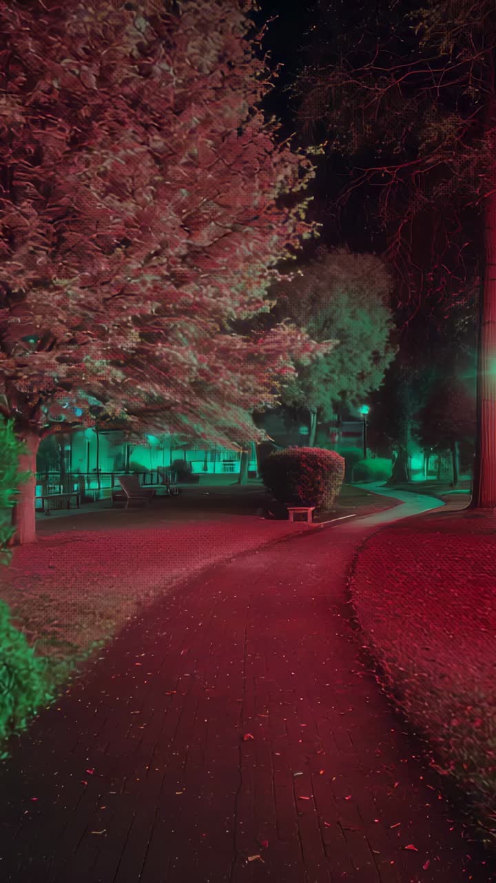 Vertical video: Advancing camera showing curved paver path with teal lights, bringing shrub closer