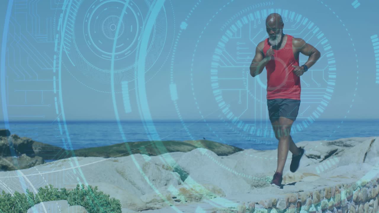 Round scanners against african american senior man running on the rocks