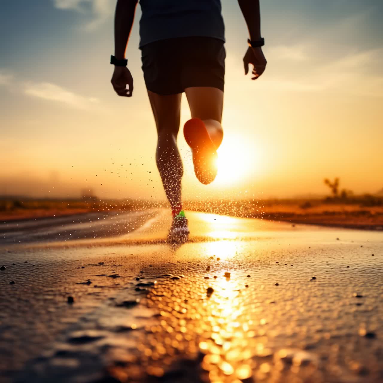 Dynamic low-angle shot of a runner on a wet road at sunrise, capturing motion and energy