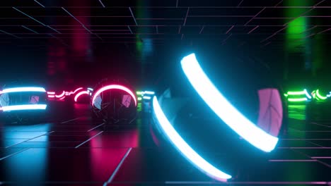 multicolored neon balls roll across the shiny floor. infinitely looped animation