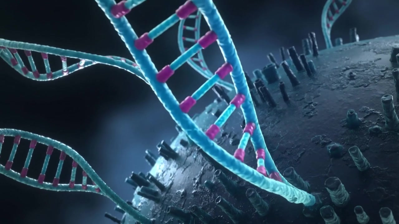 Elica ciano che si avvicina allineando una sfera, toccando una punta ed emettendo un bagliore rosa in uno spazio micro 3D