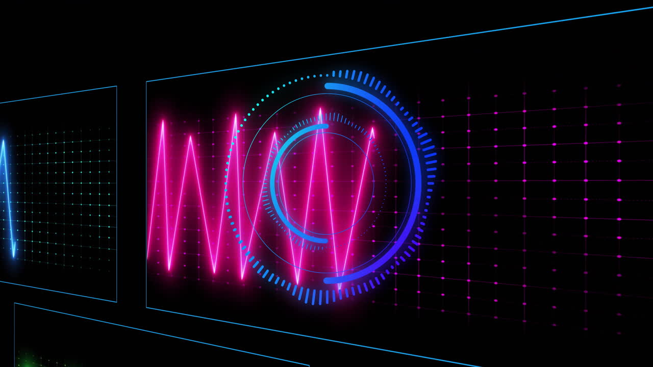 Neon pink WOW text with animation in blue circular design on black background