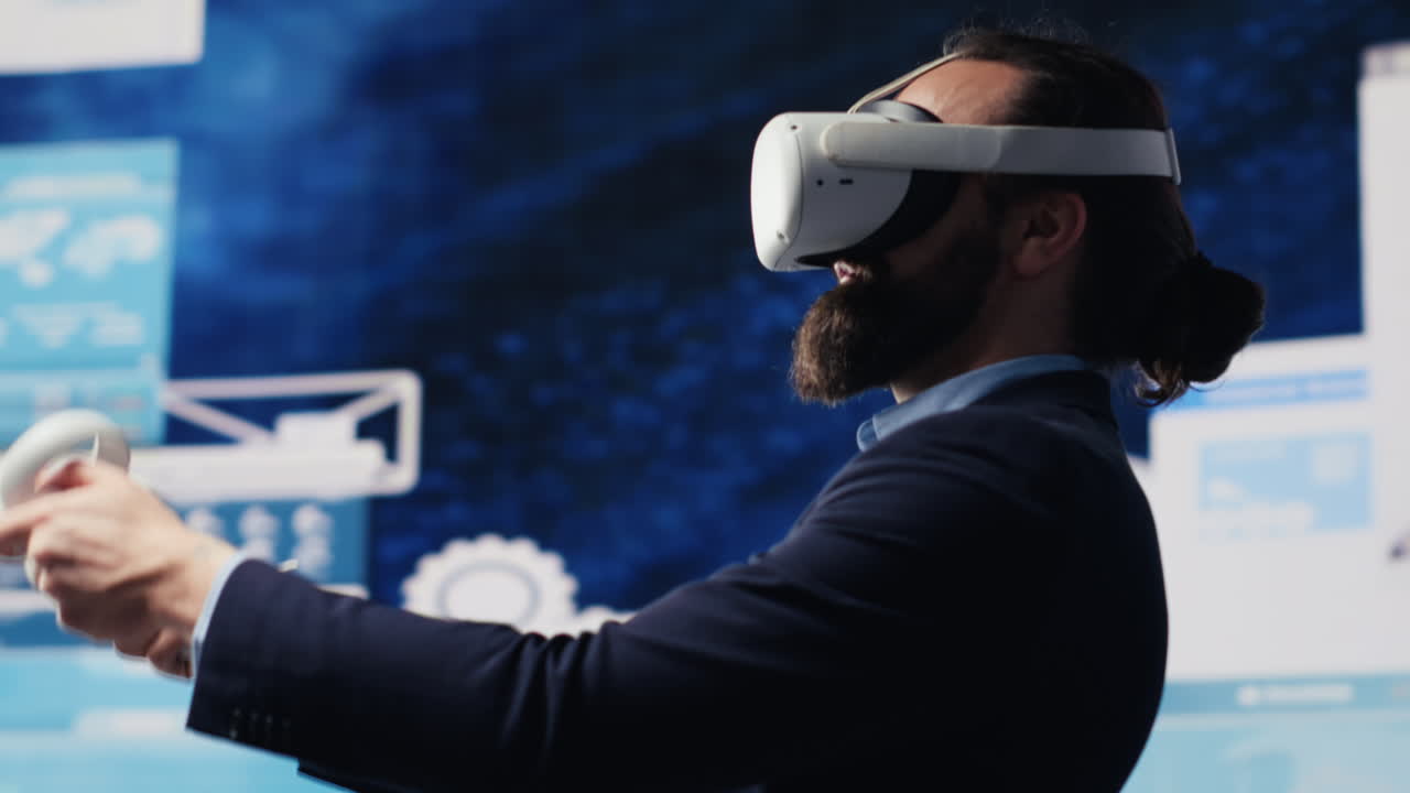 Modern businessman employs virtual reality headset in a digital environment