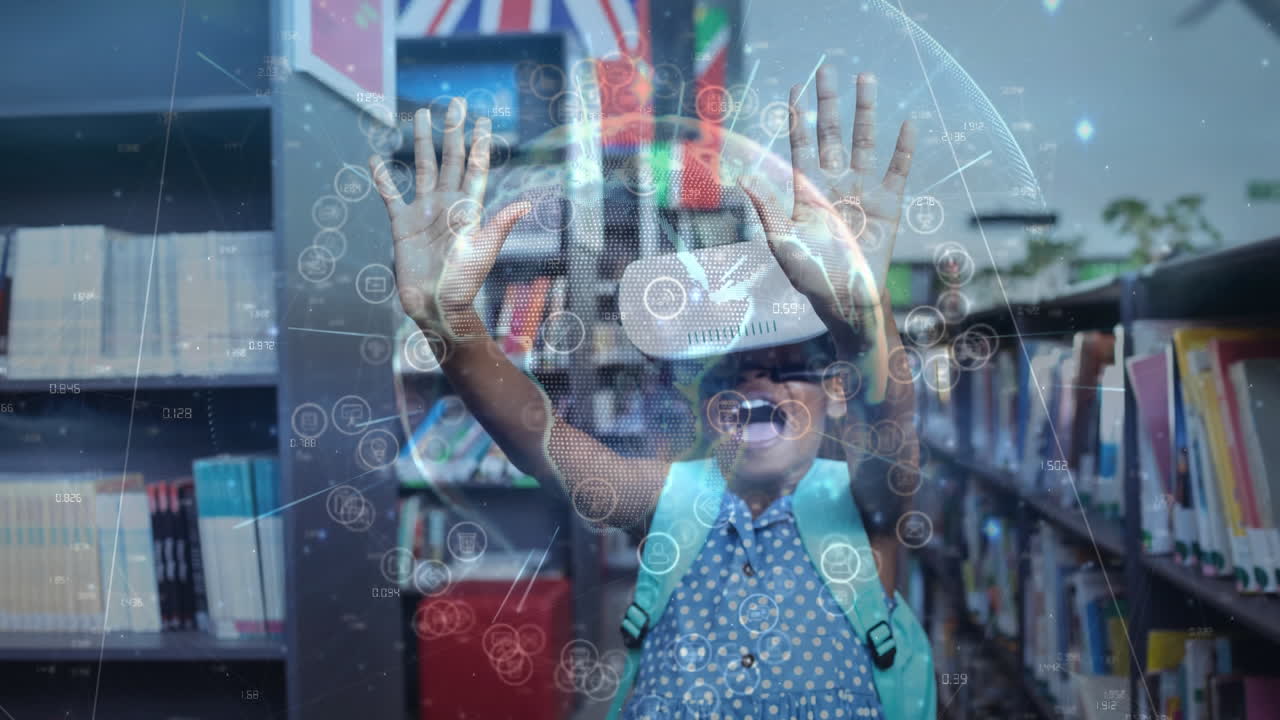 usando auriculares vr para niños con procesamiento de datos digitales en el fondo de la biblioteca