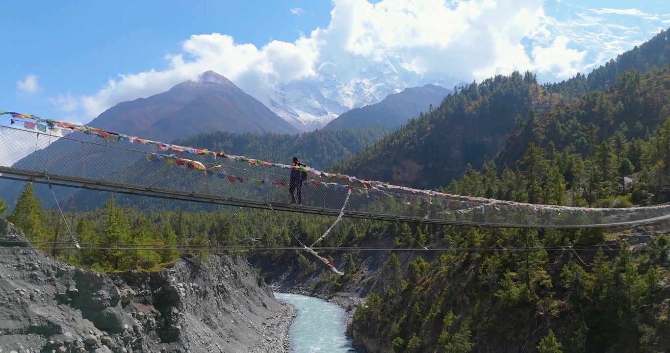 Annapurna Circuit, Manang Nepal, aerial gliding shot of a trekker crossing a long suspension bridge adorned with prayer flags, suspended high above the Marsyangdi River, mountains in the background