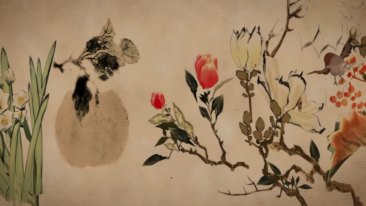 아름다운 아침 하늘, 산, 꽃, 호수, 고대 집의 환상적인 밝은 분위기 풍경, 간단한 애니메이션과 함께 일본어 중국 애니메이션 수채화 스타일