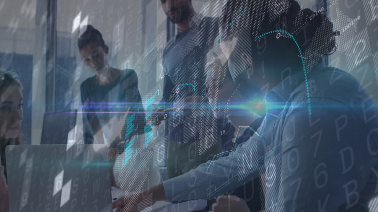 Animation of financial data processing over diverse business people in office