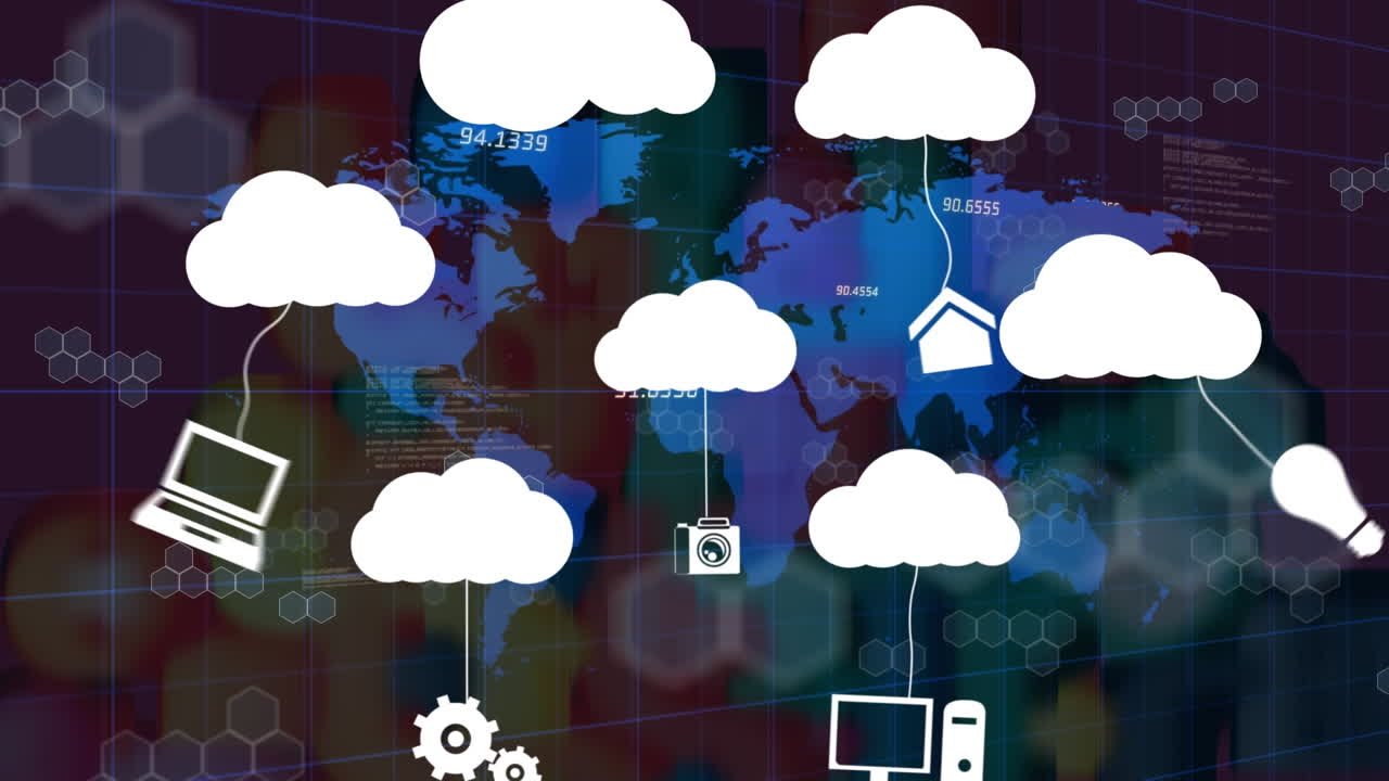 animación del icono de las nubes sobre la interfaz digital y el procesamiento de datos