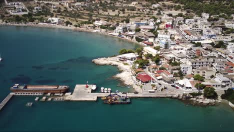 Aerial-view-of-harbor-in-Agia-Marina-in-Aegina,-Greece,-a-on-a-sunny-day