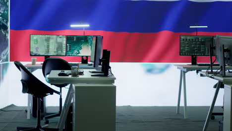 Empty-russian-army-command-center-with-a-big-screen-showing-the-national-flag