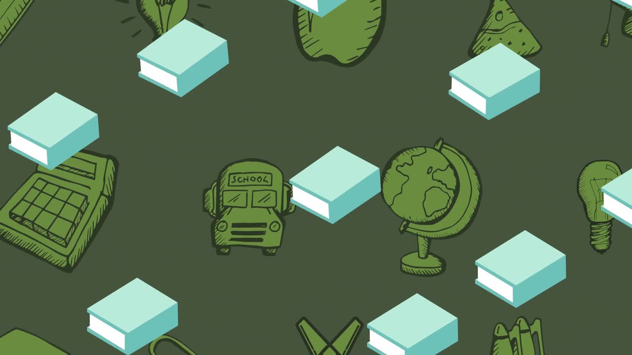 animación de libros azules repetidos que se mueven sobre elementos relacionados con la escuela verde en la pizarra verde