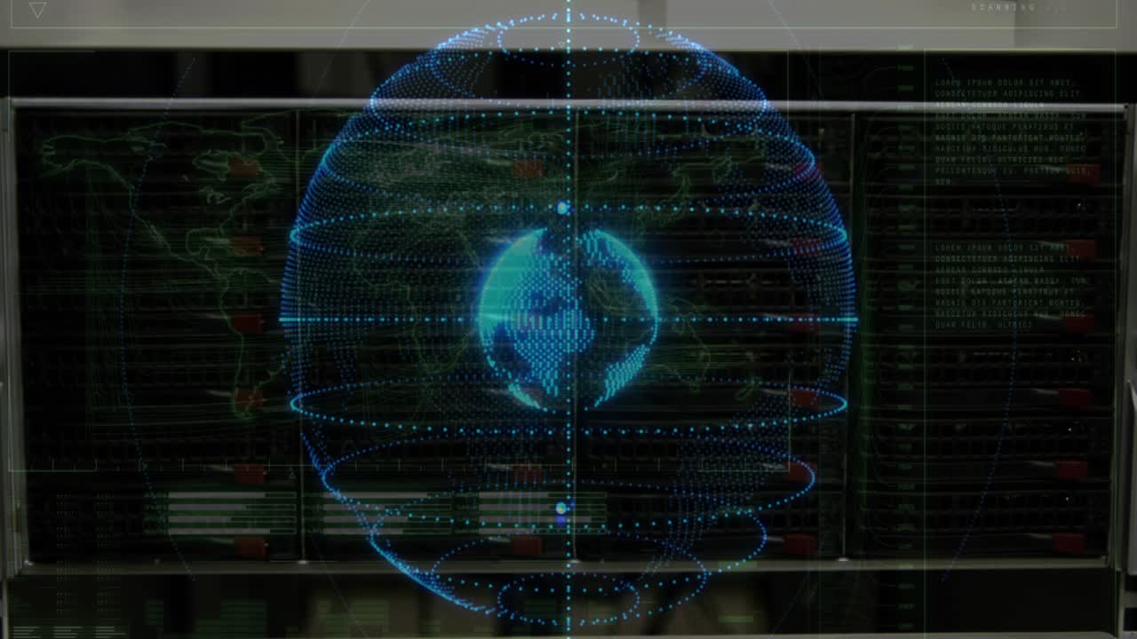 Startup ping initiating holographic globe, lattice spinning, rings rising, pinging visualizing data