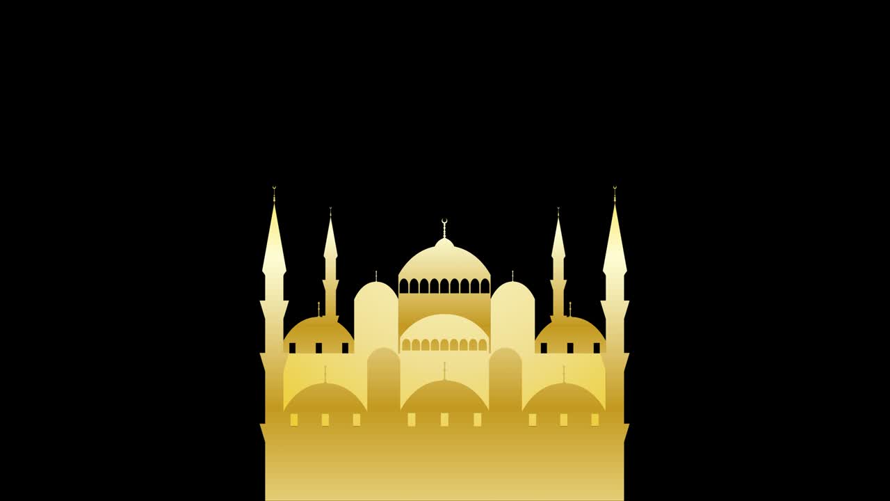 ramadan kareem, una mezquita dorada aparece sobre un fondo negro con la inscripción. silueta de la mezquita. composición horizontal, calidad de video 4k