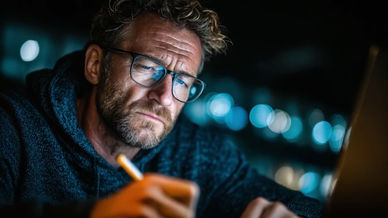 Uomo concentrato che lavora a tarda notte al laptop, profondamente assorto nei pensieri con una penna in mano, circondato da un ambiente scarsamente illuminato, a sottolineare concentrazione e produttività.