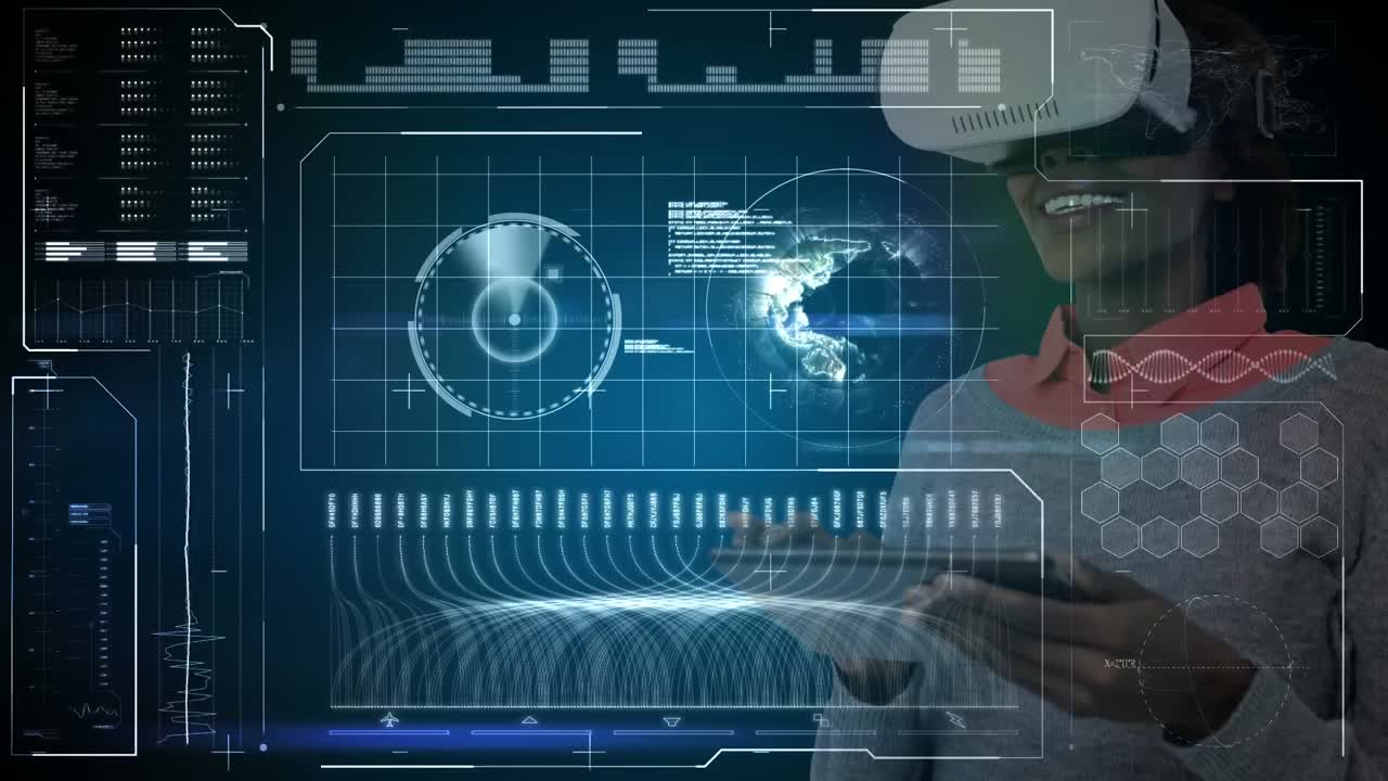 mujer usando vr con gráficos y datos