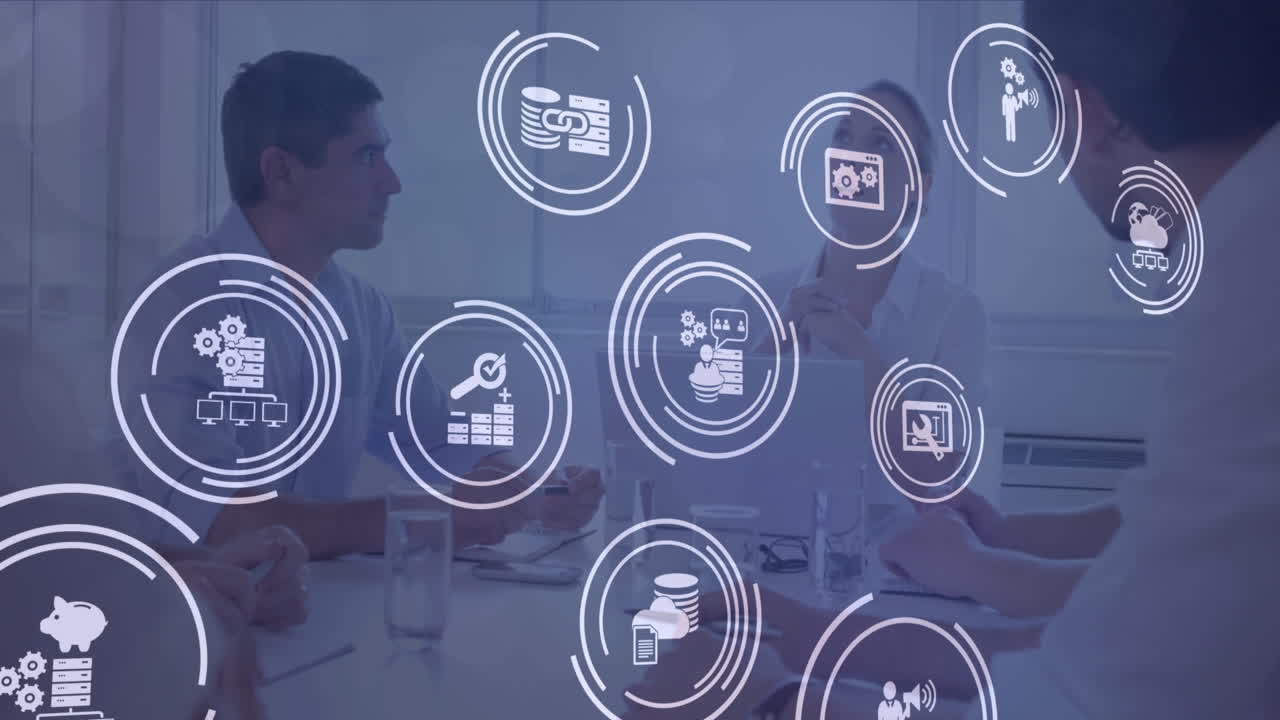 animación de iconos y procesamiento de datos financieros sobre diversas personas de negocios.