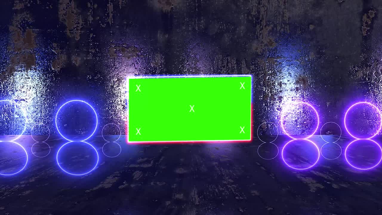 추상적인 크리에이티브 터널 및 그린 스크린 알파 채널 광고판 모형: 네온, 파란색 보라색 led 바 및 기술, sf, 미래의 사이버 크, 빈 프레임으로 3d 렌더링